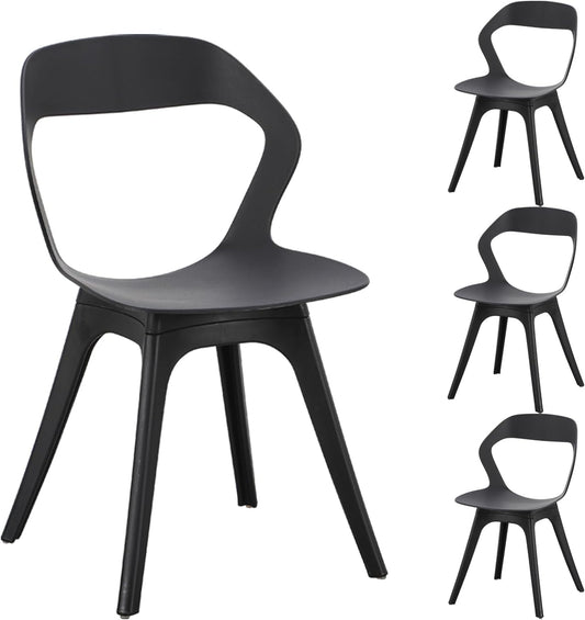 Plastic Eetkamerstoelen - Set van 4 Moderne Buitenkeukenstoelen voor Patio/Woonkamer - Zware Eetkamerstoel met Holle Rug - Mid Century Zijstoel voor Buiten, Bistro, Café - Zwart
