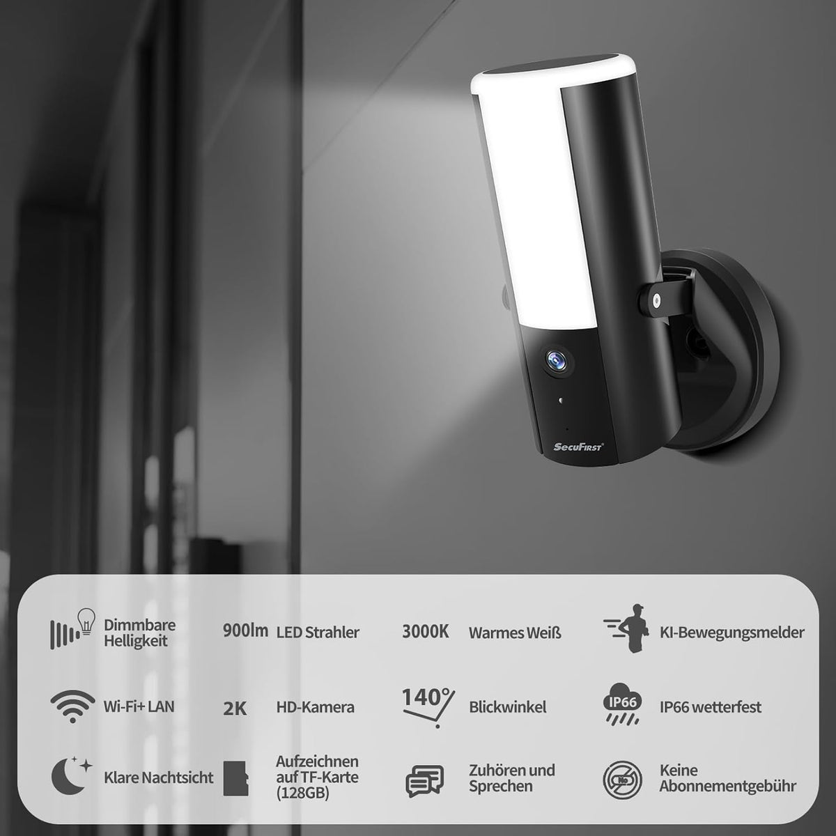 SecuFirst bewakingscamera voor buiten met LED buitenverlichting, met bewegingsmelder, dimbare helderheid (900lm), aluminium camera bewaking outdoor, KI-herkenning, WLAN, 2K, 32GB SD-kaart,