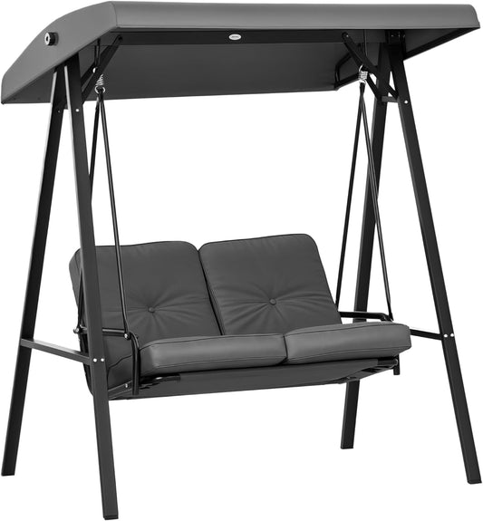 Tuinschommel 2-Persoons – Schommelbank – Tuinbank – Buitenbank – Zitschommel – Verstelbare Zonneluifel – Gepoedercoat Stalen Frame – Comfortabele Dikke Kussens – Donkergrijs
