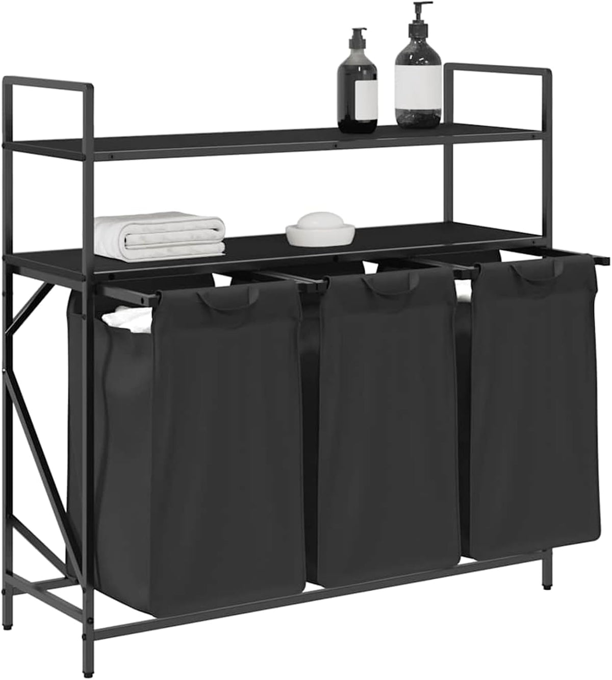 Wasmand – Wasbak – Wasbox – Sorteerbak – Laundry Basket – 3 Compartimenten – Stevig Stalen Frame Met Houten Planken