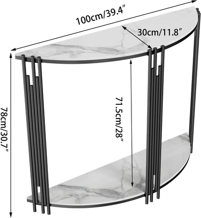 Halve maan consoletafel gang: 2-laags witte marmeren tafels 100x30x78cm Halve cirkel hal tafel gesinterde stenen ingangstafel moderne bank bijzettafel voor veranda, woonkamer, entree