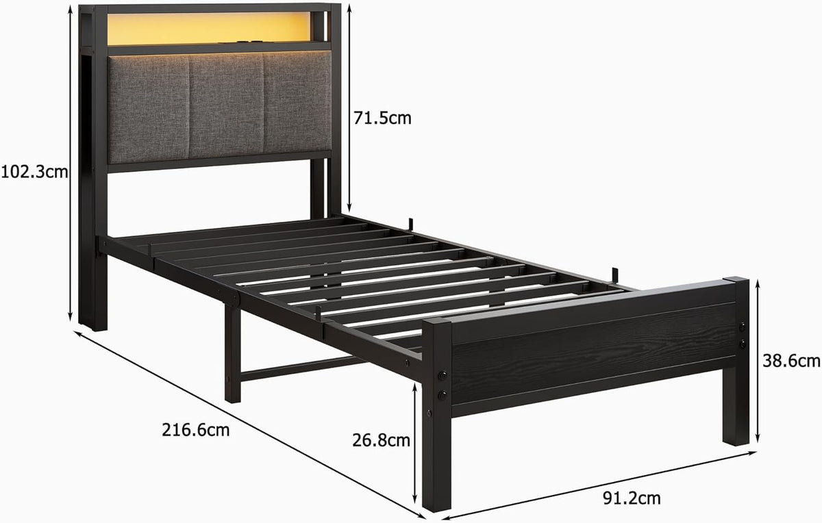 Bedframe met laadstation, robuust metaal, met opberghoofdeinde van houten stof, bijzetbed, kinderbed, eenpersoonsbed, metaal, met lattenframe, 90 x 200 cm,