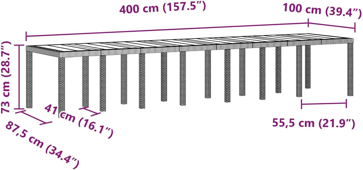 Tuinstafel – Eettafel – Buitenmeubel – Tuinmeubel – Terrastafel – Rechthoekig Design – Weerbestendig Poly Rattan – Stevig Stalen Frame – 400 x 100 cm