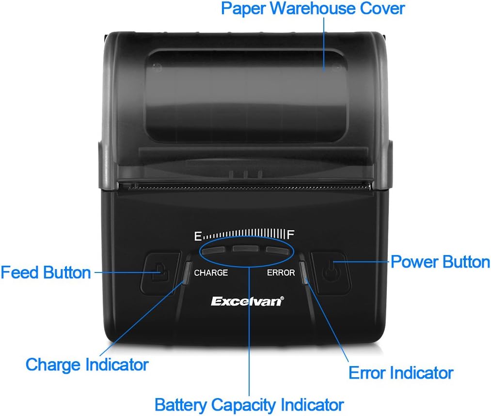 EXCELVAN E300 Thermische printer voor kwitanties en bankbiljetten, draadloos, draagbaar, USB, 90 mm/sec, 80 mm, ESC/POS, voor Pos Terminal verkooppunt), zwart