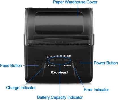 EXCELVAN E300 Thermische printer voor kwitanties en bankbiljetten, draadloos, draagbaar, USB, 90 mm/sec, 80 mm, ESC/POS, voor Pos Terminal verkooppunt), zwart