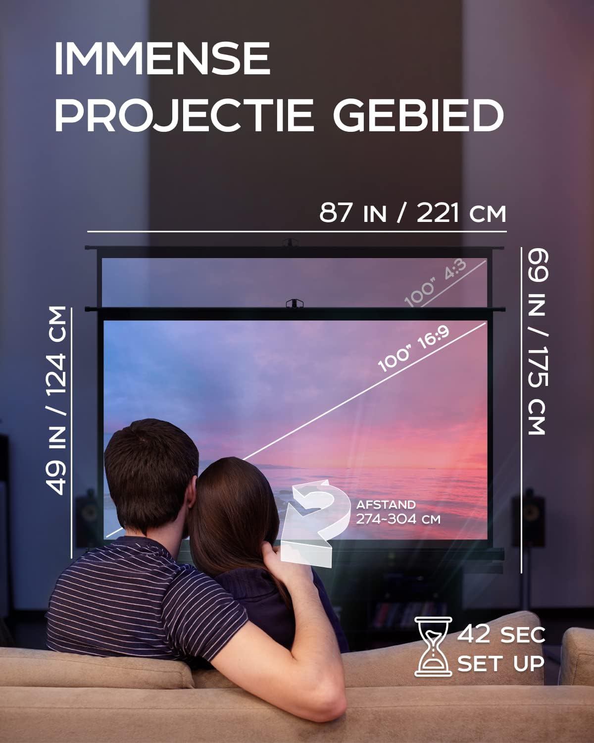 PropVue Projectiescherm met standaard, 100 inch (ca. 254 cm) projectiescherm voor binnen en buiten, voor film- of kantoorpresentatie, instelbaar van 16:9 tot 4:3, HD-premium kreukvrij statiefscherm voor projector