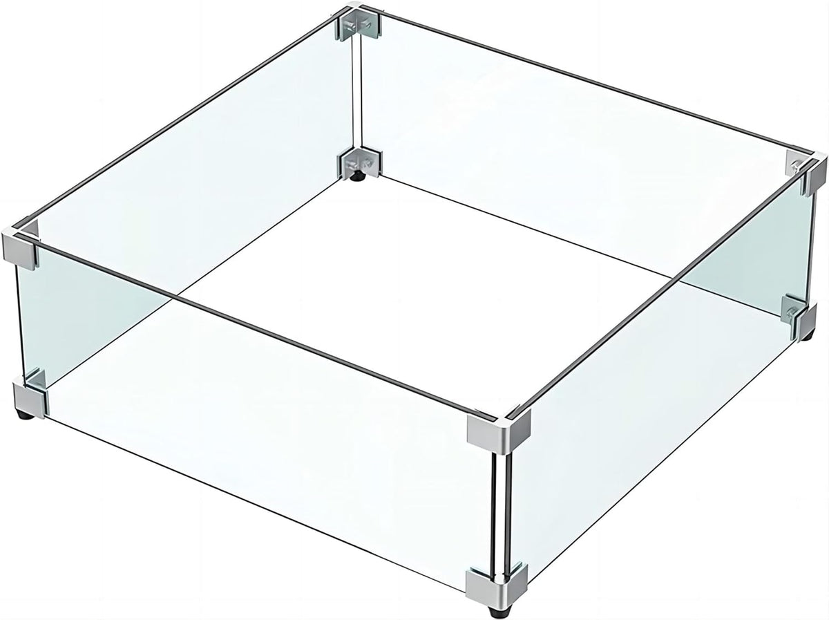 MESIDA 53x53x15 cm Vuurkorf Glas Windscherm, Gehard Glas Vuurplaats Tafelschild, Dik en Stevig, met Stevige Aluminium Hoekbeugel