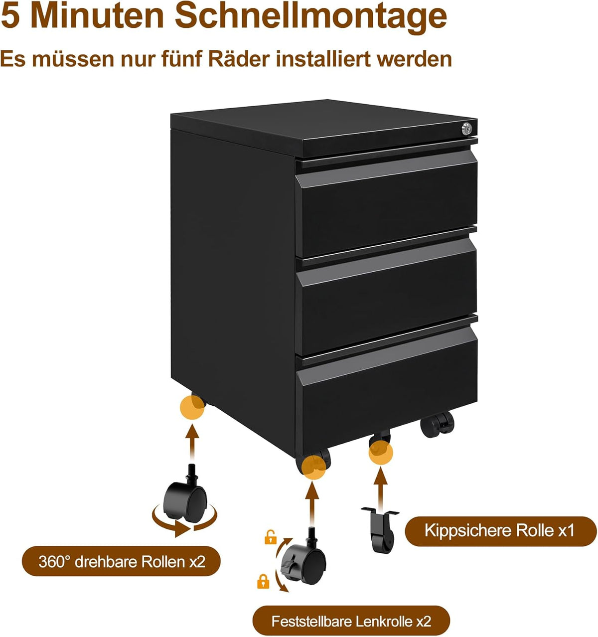 Rolcontainer, mobiele archiefkast met slot, 4 sleutels, 3 laden, kantoorkast van metaal, al voorgemonteerd, voor kantoor, thuiskantoor, zwart