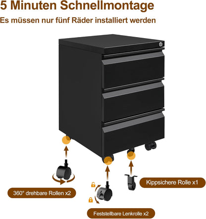 Rolcontainer, mobiele archiefkast met slot, 4 sleutels, 3 laden, kantoorkast van metaal, al voorgemonteerd, voor kantoor, thuiskantoor, zwart
