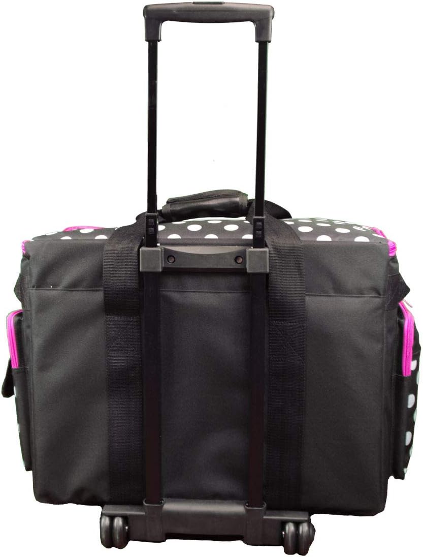Trolleytas voor naaimachine met wielen – Naaimachinetas – Transporttas – Opbergtas – Beschermtas – Zwart met Witte Stippen en Roze Rand – 53 x 41 x 29 cm – Dubbele Wielen en Uitschuifbare Vergrendelbare Telescoopgreep