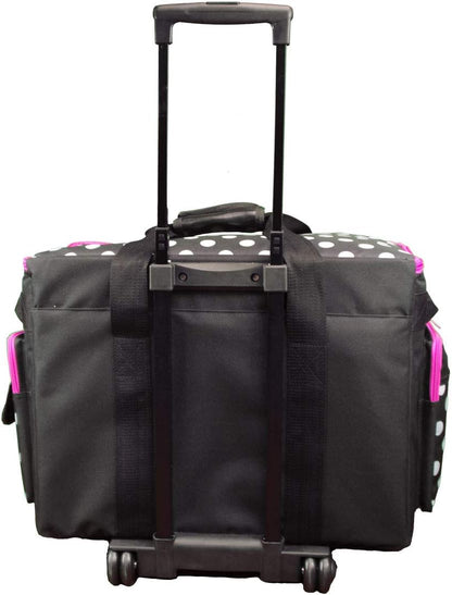Trolleytas voor naaimachine met wielen – Naaimachinetas – Transporttas – Opbergtas – Beschermtas – Zwart met Witte Stippen en Roze Rand – 53 x 41 x 29 cm – Dubbele Wielen en Uitschuifbare Vergrendelbare Telescoopgreep