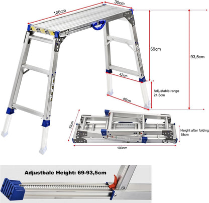 Werkplatform 100 x 30 cm, 2-traps werkplatform inklapbaar met antislip rubberen mat, alle poten in hoogte verstelbaar van 65 tot 90 cm, draagkracht 150 kg