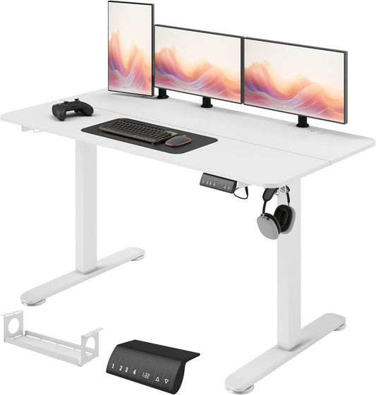 Zit-sta bureau – Sta bureau – Elektrisch bureau – Verstelbaar bureau – Computerbureau – In hoogte verstelbaar – 4 geheugenstanden – Anti-collision systeem – Wit frame – 140 x 70 cm - QUORE