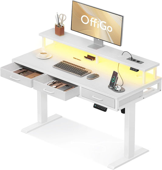 OffiGo Elektrisch bureau met laden, 120cm In hoogte verstelbaar bureau met monitorstandaard, Staand bureau met stopcontacten en lichtstrip, In hoogte verstelbaar bureau Office desk, Wit
