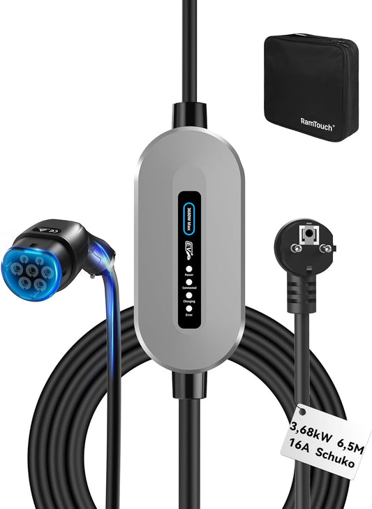 Type 2 Laadkabel Schuko (3,68 kW, 6,5 m, 16A, 1-Fase) | Thuislader EV Lader met LED, Mobiele Laadpaal voor Elektrische & Hybride Auto's (Model Y/3/X/S, EX30, NIRO, XC40 en andere EV/PHEV)