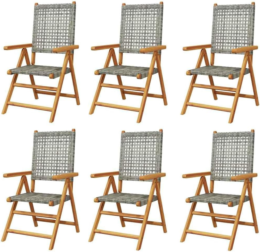 vidaXL Garden chairs 6 pcs adjustable poly rattan and solid wood grey, folding garden chair, patio chair, lounge chair, garden chair, lounge chair garden - QUORE
