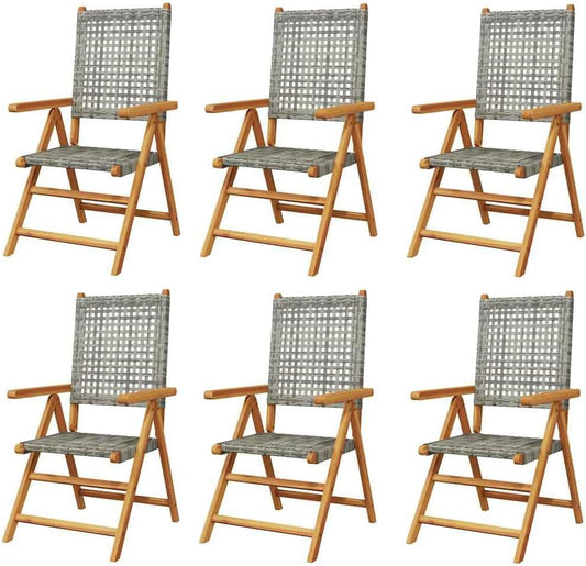 vidaXL Garden chairs 6 pcs adjustable poly rattan and solid wood grey, folding garden chair, patio chair, lounge chair, garden chair, lounge chair garden - QUORE
