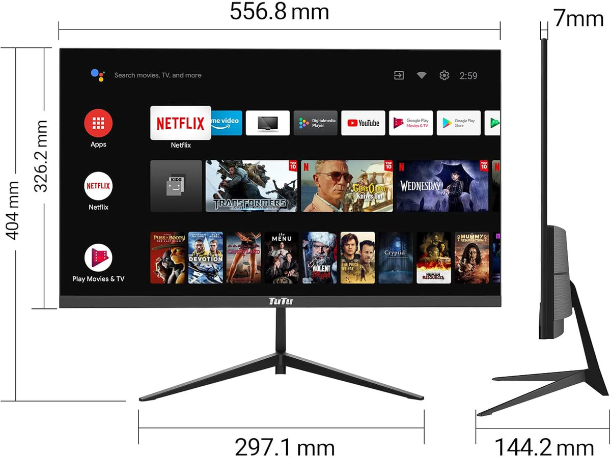 TuTu Smart Monitor 25 Inch Full HD-monitor met luidsprekers, aangedreven door Android, WiFi, Bluetooth, spraakbesturing met Google Assistant met afstandsbediening, Chromecast ingebouwd
