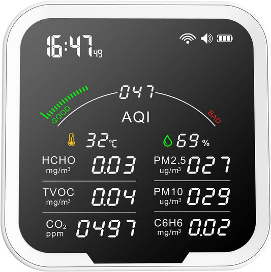Irfora Draagbare luchtkwaliteitsmeter HCHO/TVOC/CO2/PM2,5/PM10/AQI/C6H6 temperatuur- en luchtvochtigheidstester, 4,8 inch groot scherm kooldioxidedetector met tijdsweergave en wekkerfunctie