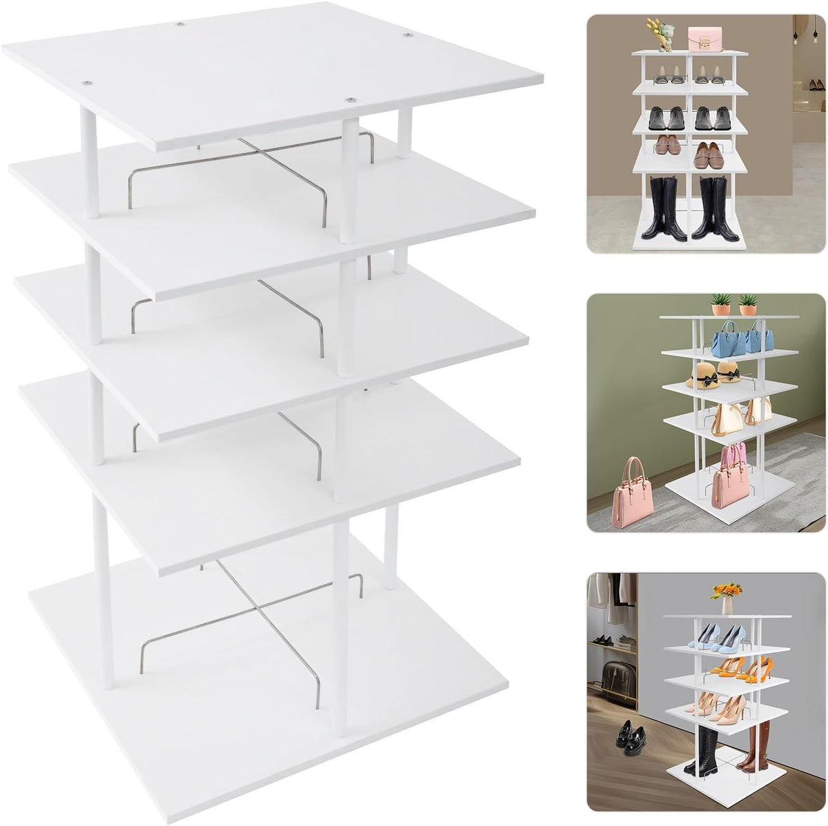 360° Floor Stand Rotating Shoe Organizer, Shoe Rack, Rotating Shoe Rack, Multi-layer Shoe Stand, Swivel for Placement, Shoes, Hats, Handbags etc. (4 Floors, White) - QUORE