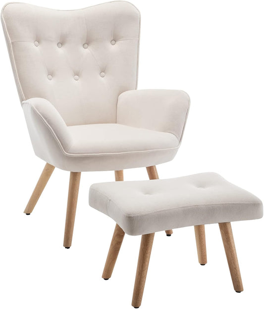HollyHOME Comfortable Armchair with Footstool Coffee Chair Velvet Accent Chairs Cozy Relaxing Chairs Reading Chair Bedroom, Beige - QUORE