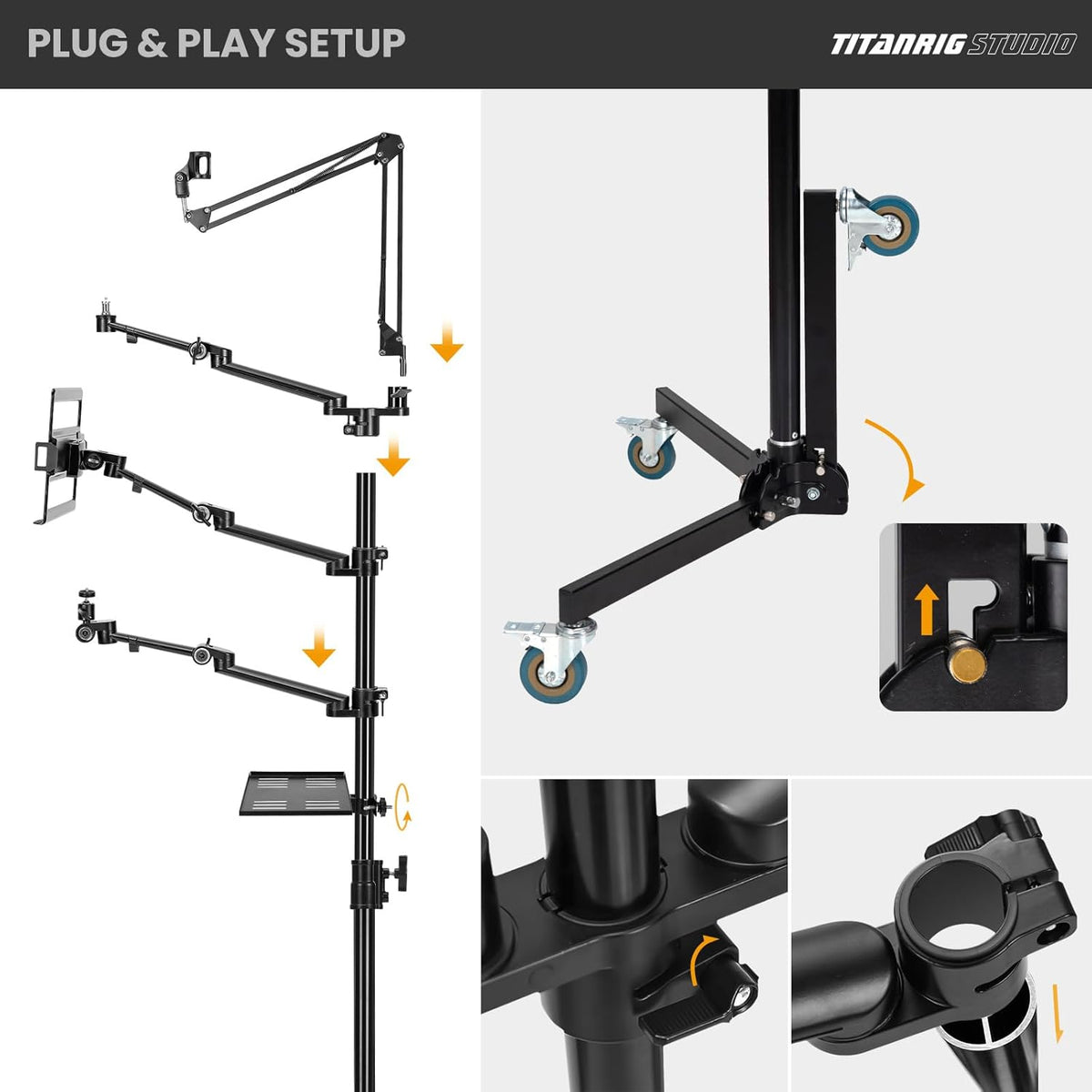 Mobiele Streamingstandaard – Vloerstandaard op Wielen – Vloerstatief – Camerastandaard – Microfoonstandaard – 5-In-1 Modulaire Studio-opstelling – 155 cm Hoog, 3 Vergrendelbare Wielen