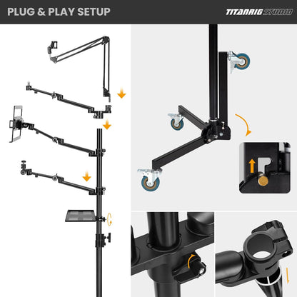 Mobiele Streamingstandaard – Vloerstandaard op Wielen – Vloerstatief – Camerastandaard – Microfoonstandaard – 5-In-1 Modulaire Studio-opstelling – 155 cm Hoog, 3 Vergrendelbare Wielen
