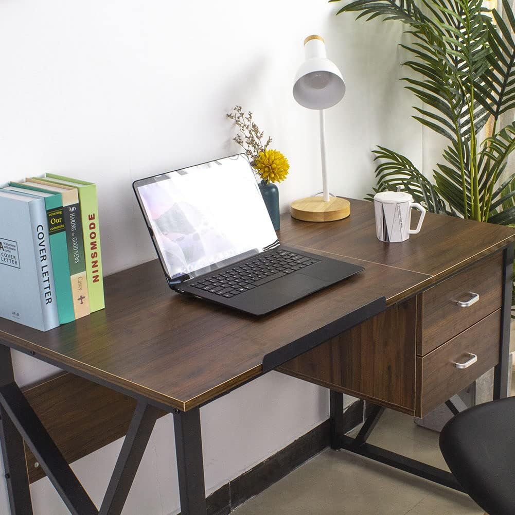 BAKAJI Bureau met laden, 2 laden en kantelbaar tafelblad, voor de werkplek, computer, frame van metaal en tafelblad van MDF-hout, interieur, thuis, kantoor, 110 x 75 x 55 cm (gietijzer)