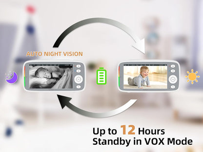 TakTark Babymonitor, 5 inch 720p IPS babymonitor, video en audio, 3050 mAh kindercamera met VOX-monitor, nachtzicht, bidirectionele gesprekken, temperatuuralarm