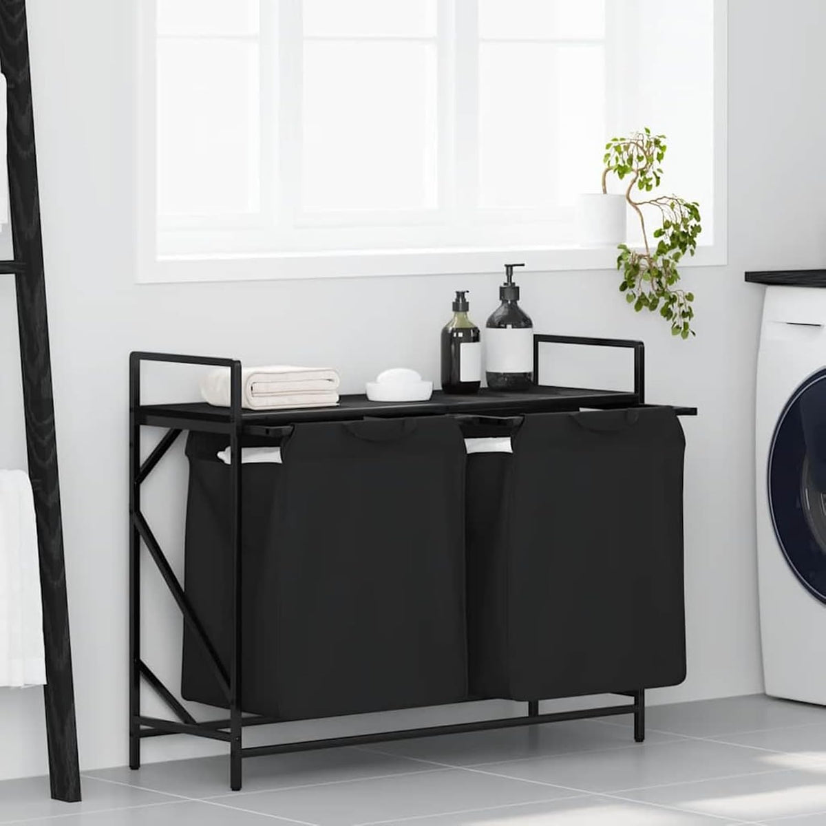 Wasmand – Laundry Basket – Wasbox – Wasopberger – Waszakken – Met Twee Compartimenten – Bovenste Opbergrek – Zwart Stalen Frame – Eiken Houtlook
