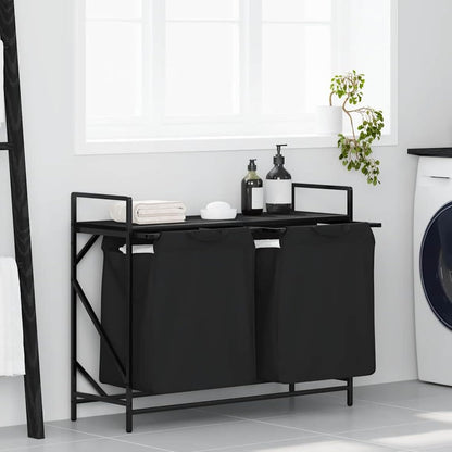 Wasmand – Laundry Basket – Wasbox – Wasopberger – Waszakken – Met Twee Compartimenten – Bovenste Opbergrek – Zwart Stalen Frame – Eiken Houtlook