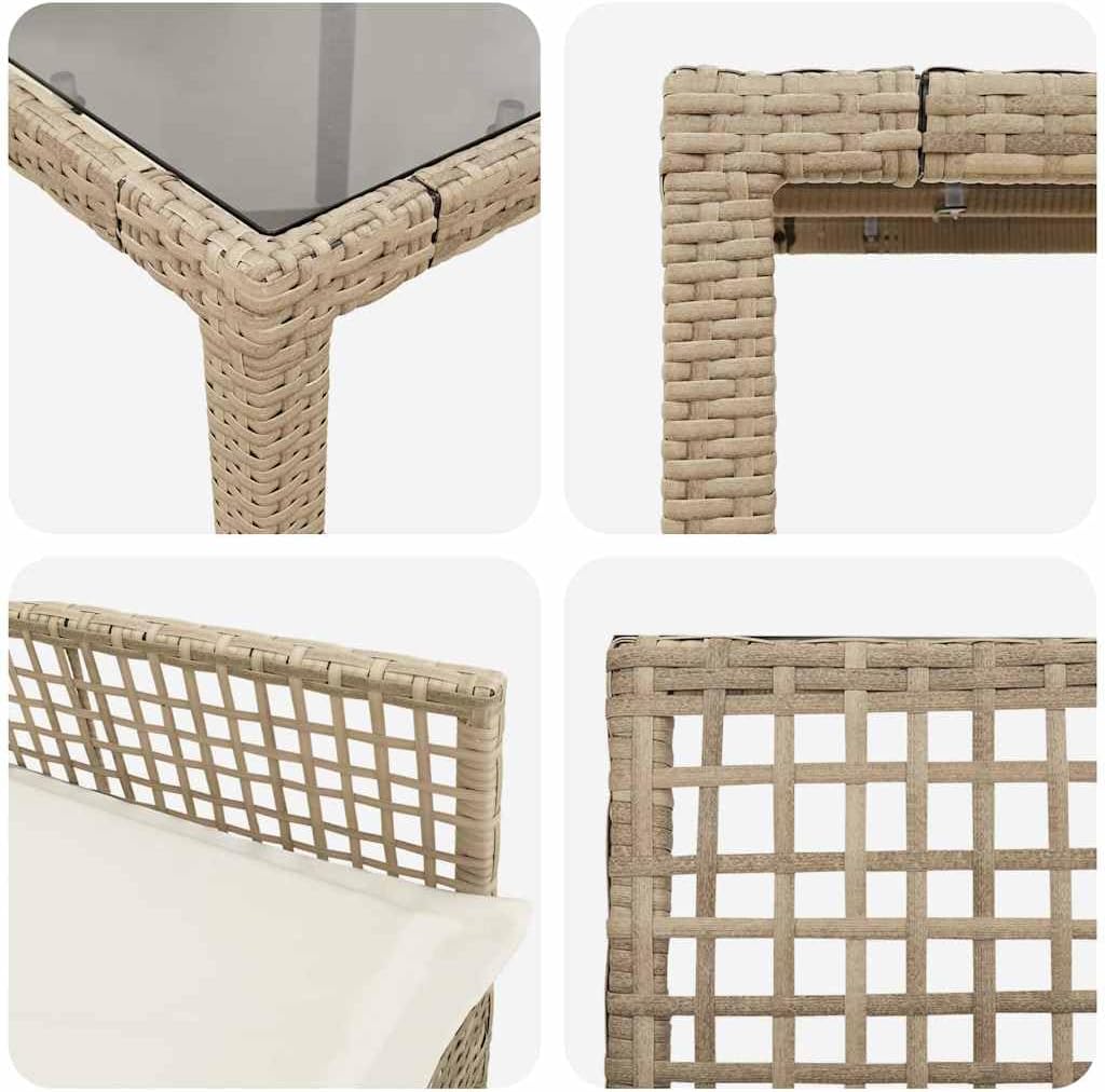 vidaXL Outdoor Square Garden Dining Table 90cm Tempered Glass Modern Patio Furniture UV Resistant Steel Frame Beige and Cream For Balcony Poly Rattan - QUORE