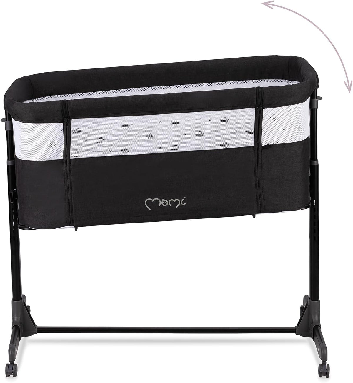 Momi Revo Multifunctionele bijzet- en kinderbed, 6-traps in hoogte verstelbaar van 72 tot 82 cm, met wielen, incl. matras, bevestigingsriemen, insectenbescherming en beugel met speelgoed