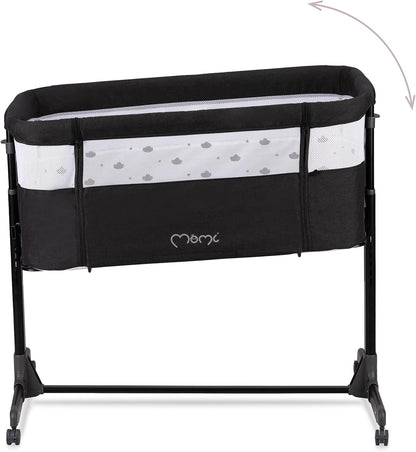 Momi Revo Multifunctionele bijzet- en kinderbed, 6-traps in hoogte verstelbaar van 72 tot 82 cm, met wielen, incl. matras, bevestigingsriemen, insectenbescherming en beugel met speelgoed