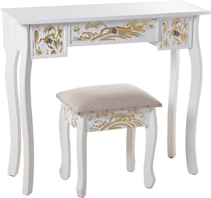 DRW Make-uptafel met 3 laden van bewerkt hout met kruk in wit en goud, 90 x 32,5 x 80 cm en kruk 40 x 34 x 43 cm
