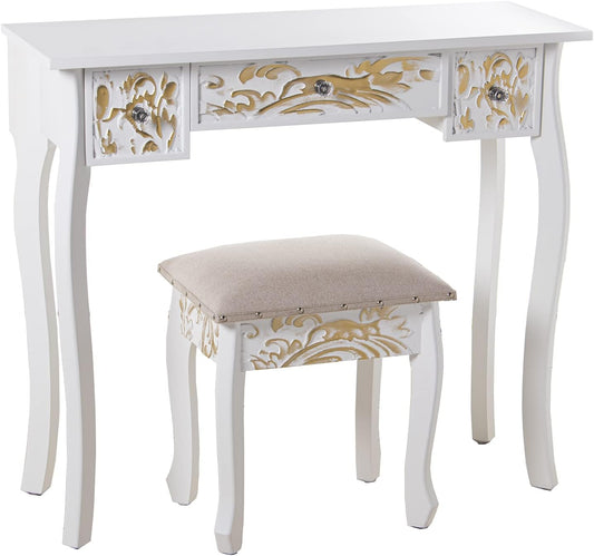 DRW Make-uptafel met 3 laden van bewerkt hout met kruk in wit en goud, 90 x 32,5 x 80 cm en kruk 40 x 34 x 43 cm