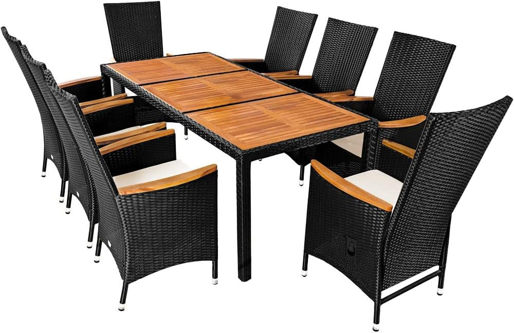 Casaria Polyrattan Garden Set Acacia 8 Chairs incl. 7cm Cushions Adjustable Backrest 190x90cm Garden Table Weatherproof Garden Chair Lounge Set - QUORE