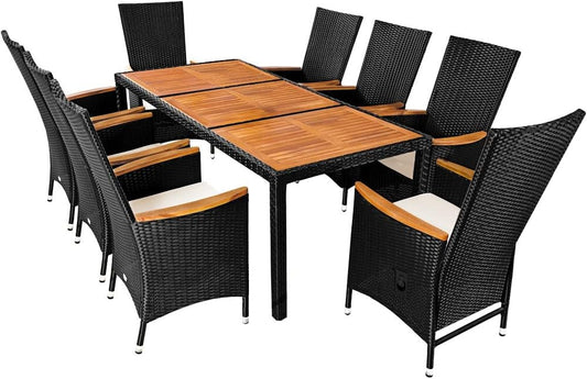 Casaria Polyrattan Garden Set Acacia 8 Chairs incl. 7cm Cushions Adjustable Backrest 190x90cm Garden Table Weatherproof Garden Chair Lounge Set - QUORE