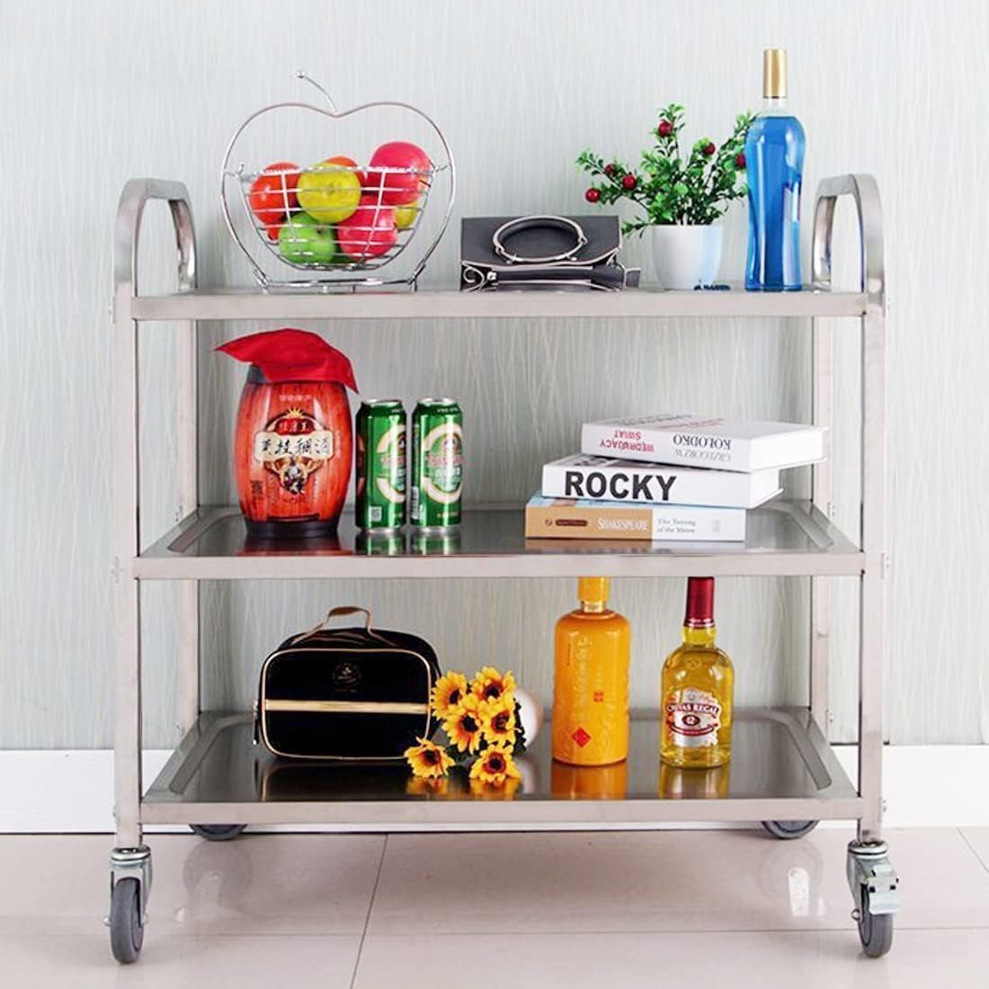 HLC 3 Tier Rvs Dienende Catering Trolley Wielen Utility Cart Keuken Cart Serveerwagen Met Vergrendelende Wielen Voor Keuken Hotels - 95x95x50CM