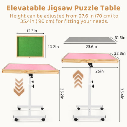 Jigsaw Puzzeltafel, puzzelplank 1500 delen, puzzelplank met kleurrijke laden en afdekmat, bordspel, puzzeltafel met vilten werkblad voor volwassenen (roze, geen laden)