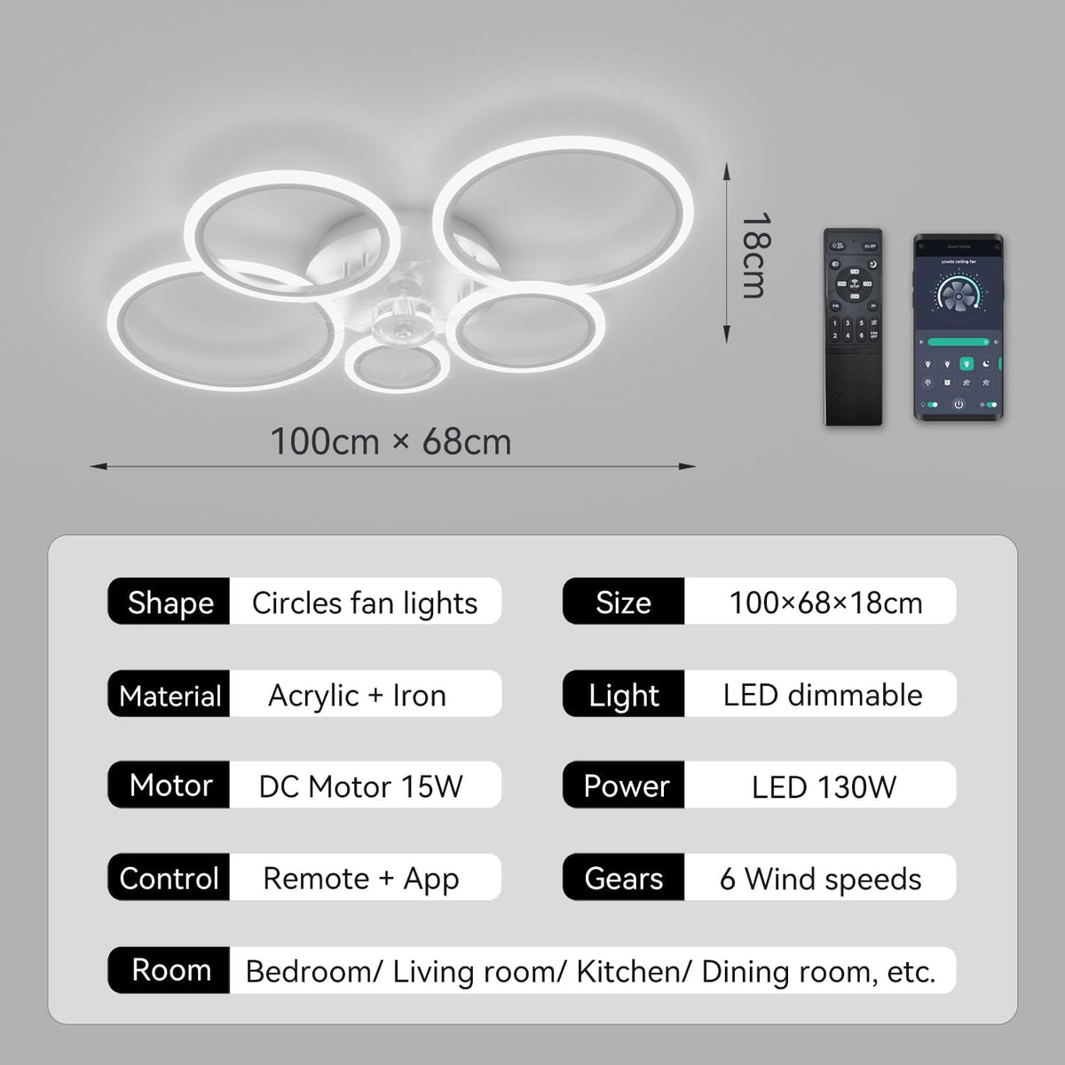 Plafondventilatoren Met Verlichting met Afstandsbediening, LED Ring Ventilator Lamp Plafond, Dimbaar, DC Motor, Omkeerbare 6 Snelheden, Ceiling Fan with Light voor Slaapkamer, Keuken