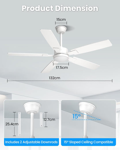 Mefine 2 kleuren draaibare vleugels plafondventilator met verlichting, 132 cm grote plafondventilator met licht en afstandsbediening, stille lamp met ventilator voor woonkamer, slaapkamer, outdoor