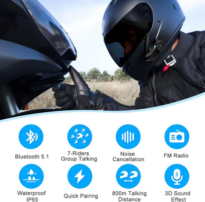 SolaMr Motorfiets Helm Headset BT5.1 Motorfiets waterdichte intercom communicatiesysteem Bluetooth Headset met SafeRiding APP, FM-radio, MP3-speler, tot 7 rijders (2 Pack)