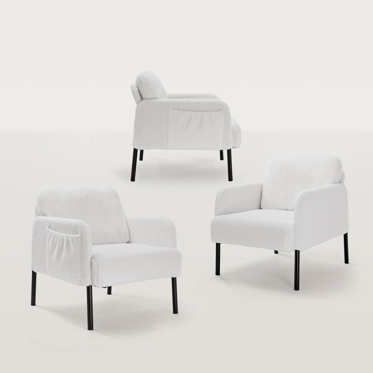 Mondeer Fauteuil, accentstoel met opbergtas en metalen poten, zachte imitatie lamswollen stof voor woonkamer, slaapkamer, leesreceptie, lounge, 63 x 75 x 75 cm, wit