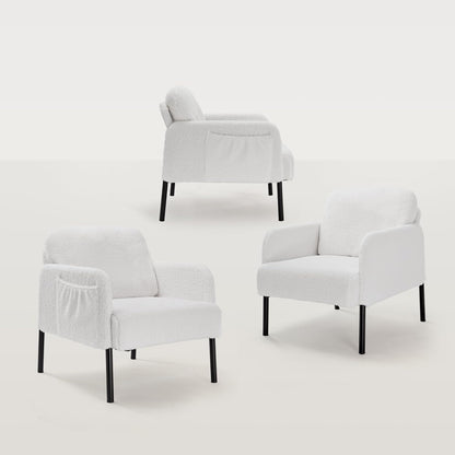 Mondeer Fauteuil, accentstoel met opbergtas en metalen poten, zachte imitatie lamswollen stof voor woonkamer, slaapkamer, leesreceptie, lounge, 63 x 75 x 75 cm, wit
