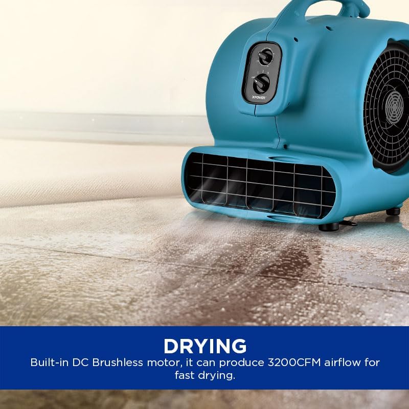 XPower Mighty Centrifugal Air Mover, Carpet Dryer, Floor Fan, Blower, Stackable, Daisy Chain, for Water Damage Restoration, Janitorial, Plumbing, Home Use (Blau, P-850T 3200CFM)