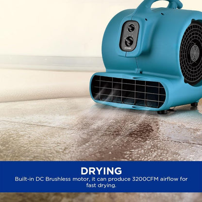 XPower Mighty Centrifugal Air Mover, Carpet Dryer, Floor Fan, Blower, Stackable, Daisy Chain, for Water Damage Restoration, Janitorial, Plumbing, Home Use (Blau, P-850T 3200CFM)