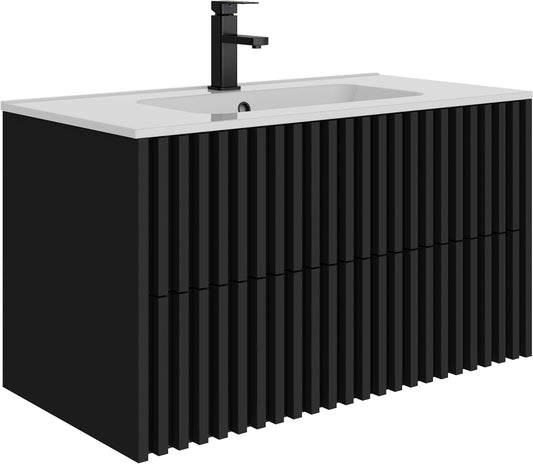 Badkamermeubel – Wandkast – Wastafelmeubel – Opbergkast – Badkamerkast – 90 x 45 x 50 cm – Keramische Wastafel – Ruime Laden
