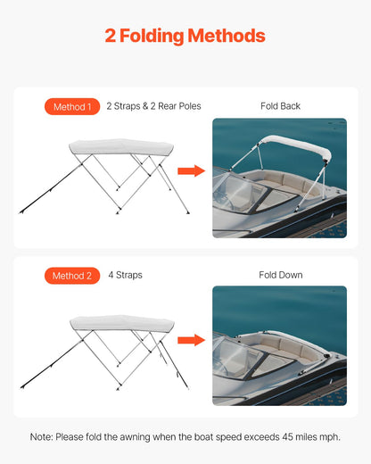 VEVOR Bimini-tops met 3 bogen, 600D polyester luifel met aluminium frame, waterdicht en zonnescherm bootluifel met opbergtas, 2 steunstangen, 4 riemen, 6'Lx (170-182 cm) Bx46 "H, lichtgrijs