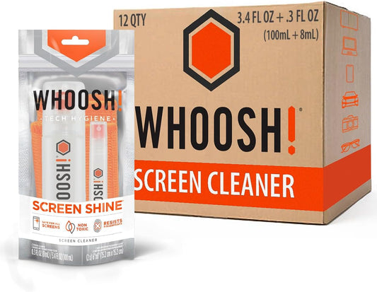 WHOOSH Spray en reinigingsset 12-3,4 + 0,3 fl oz + 2 microvezeldoeken - Duo grote flessen en reisflessen voor het reinigen van brillen en vitrines - reinigingsset voor iPhone